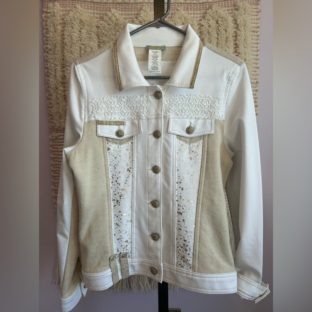 Dolcezza  White and Beige Jean Jacket with Metallic Accents
